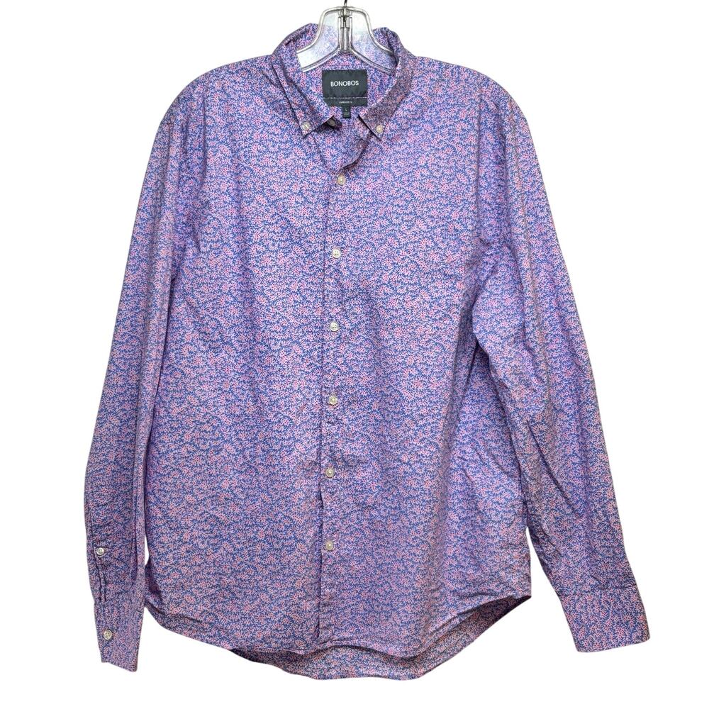 Bonobos Button Down Shirt Men's Large Regular Fit Cotton Pink Dots Blue Vines
